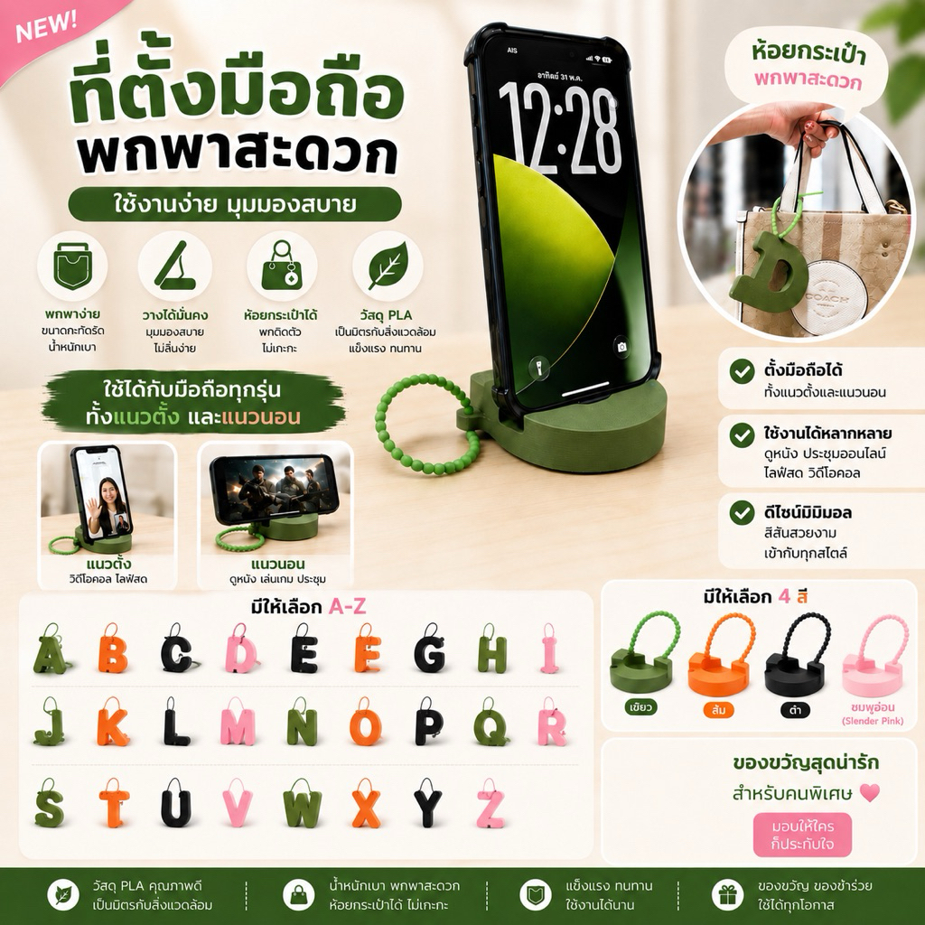 ที่ตั้งมือถือพกพา พวงกุญแจตัวอักษร A-Z | ที่วางโทรศัพท์ 3D Print ห้อยกระเป๋าได้ รองรับมือถือทุกขนาด ของขวัญสุดน่ารัก