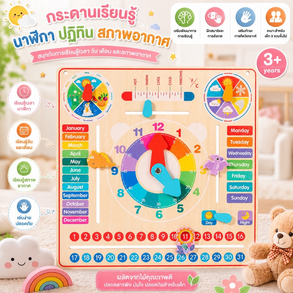 * ออกบิลได้ (แจ้งทางแชท) กระดานไม้มอนเตส เรียนรู้ วัน เวลา อากาศ มี 3 แบบให้เลือก