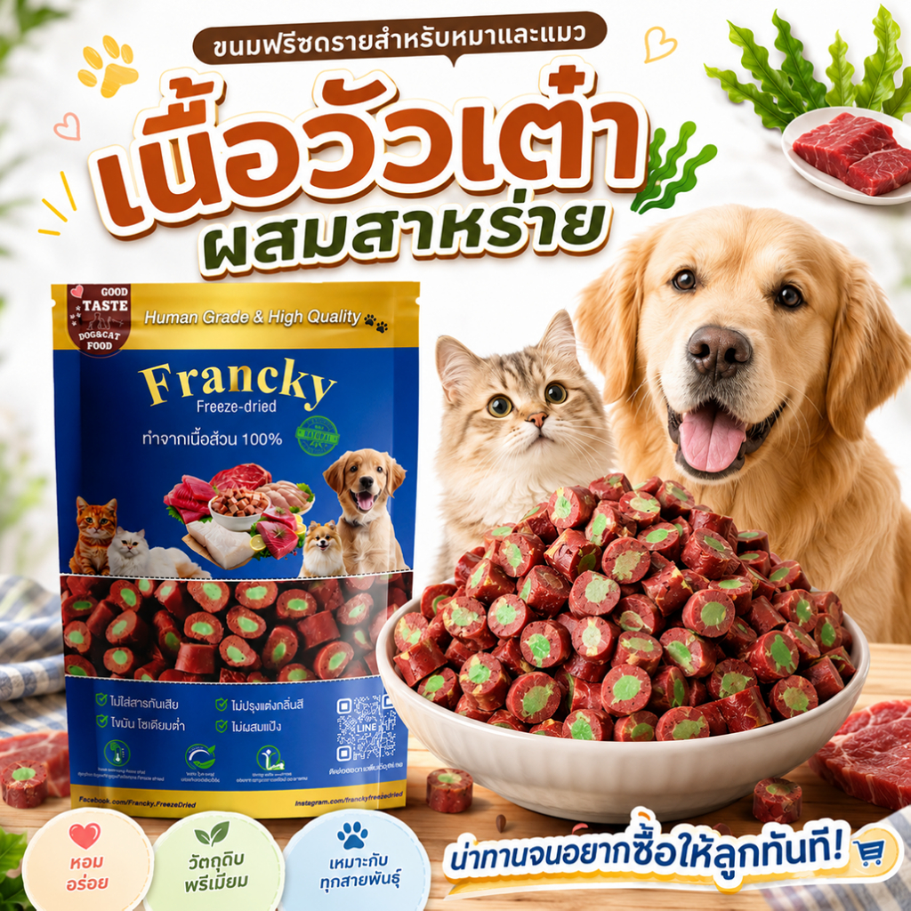 Francky" เนื้อวัวเต๋าผสมสาหร่ายอบแห้ง 100 กรัม – ขนมพรีเมียมเพื่อสุขภาพที่ดีของสุนัขและแมว 🐶🐱