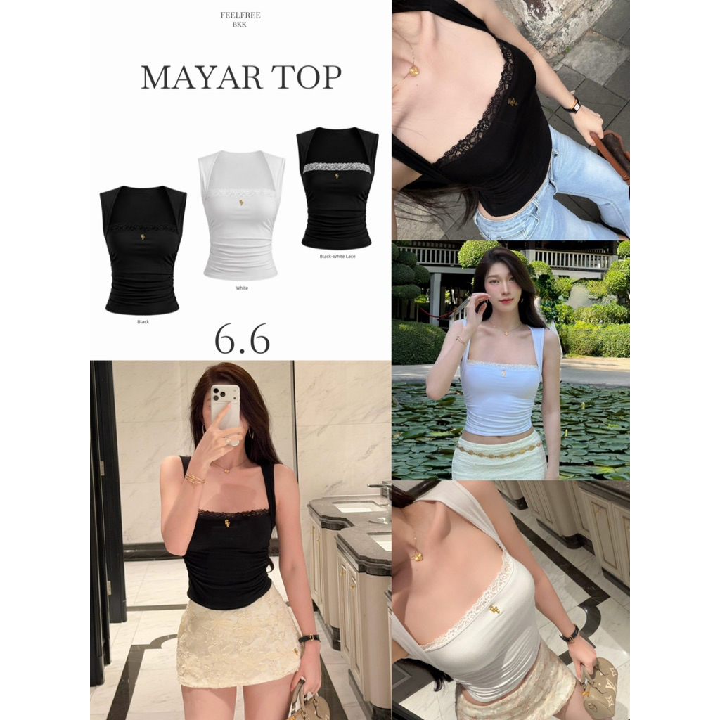 Mayar top 790.- เสื้อคอเหลี่ยมเข้ารูป แต่งลูกไม้ ผ้าหนานุ่ม2 ชั้นพรีเมียมใส่สบาย