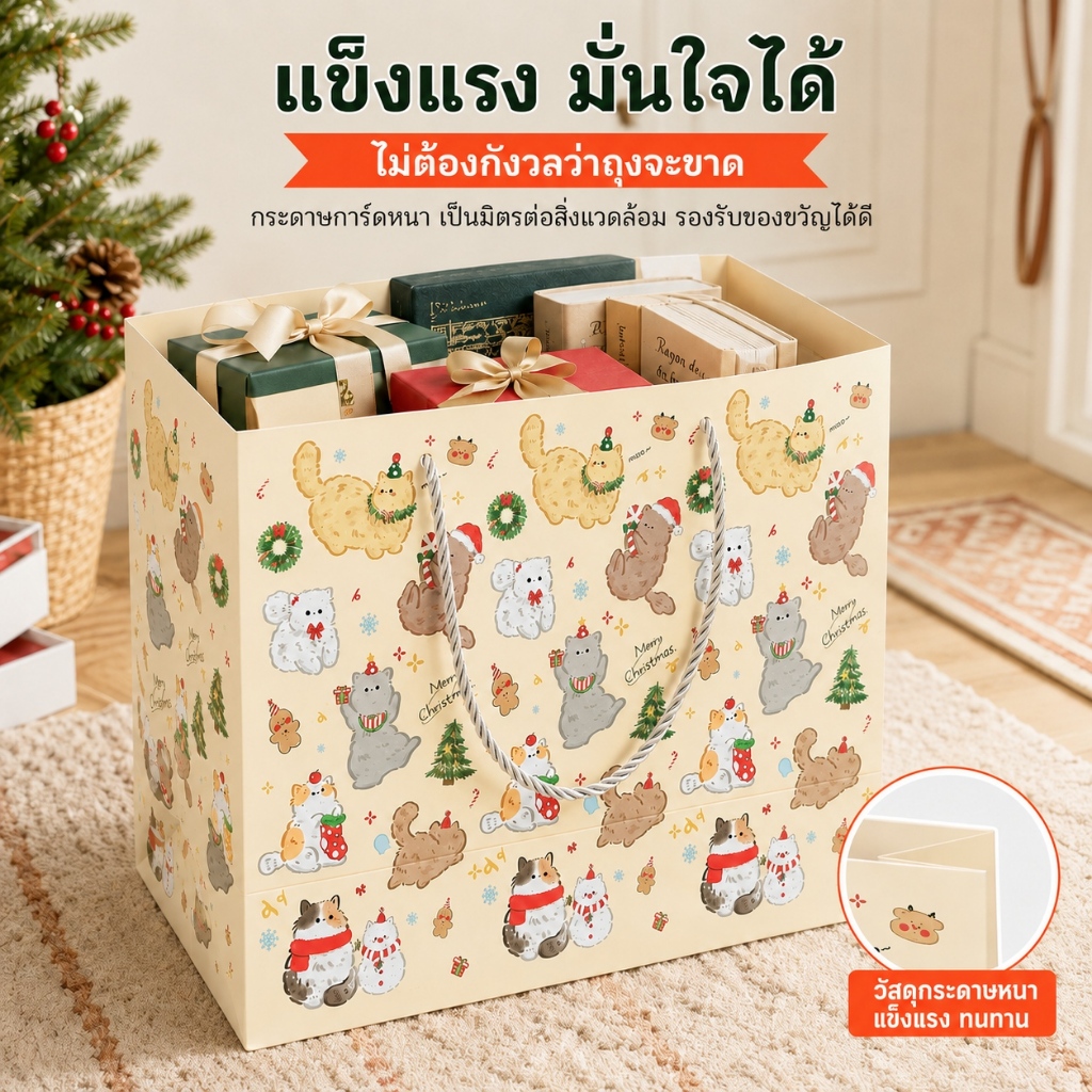 ถุงกระดาษของขวัญลายแมวคริสต์มาสน่ารัก 3ขนาด กระดาษหนา หูหิ้วเชือกแข็งแรง ใส่ของขวัญ ขนม ของชำร่วย ปาร์ตี้ปีใหม่