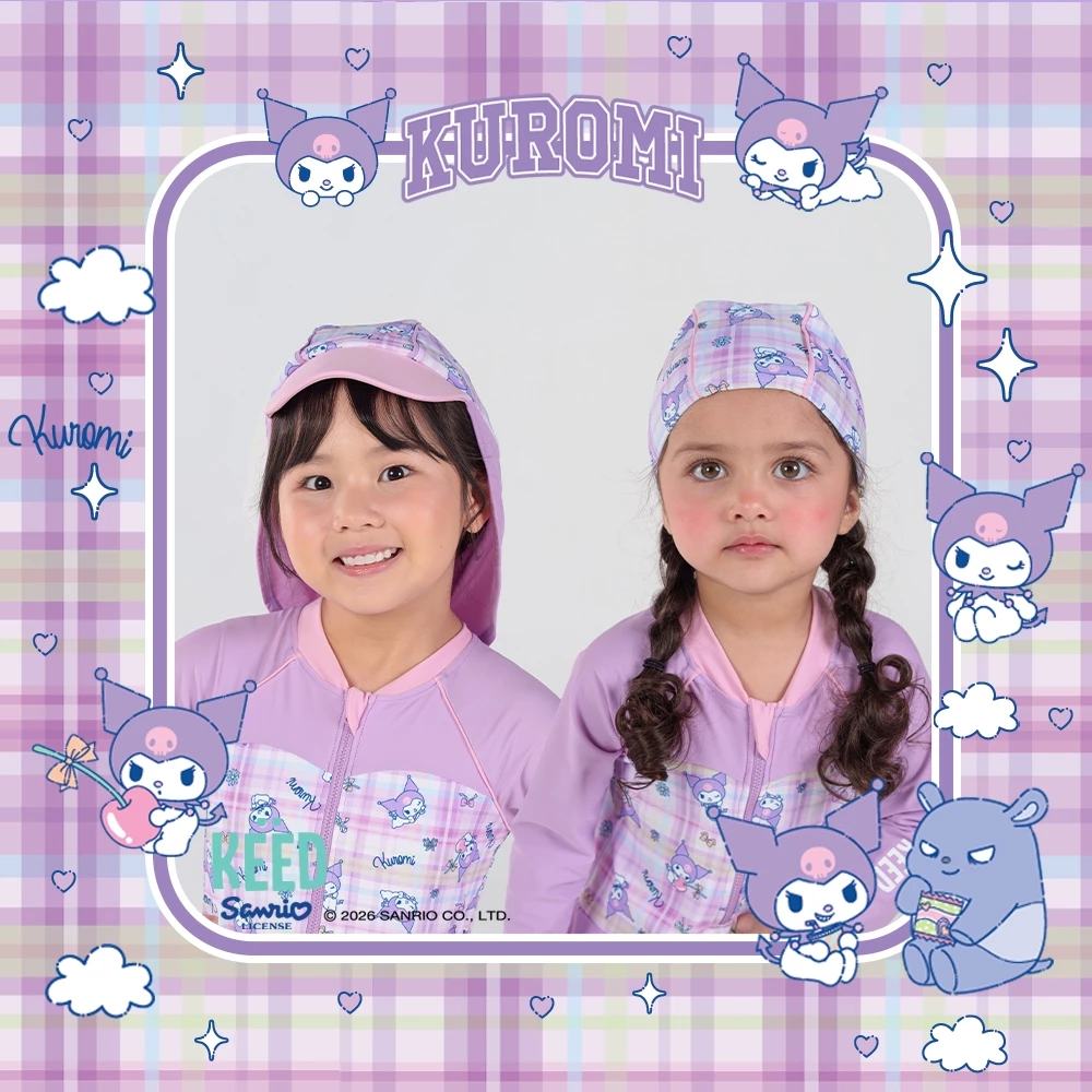 ✨NEW✨ KEED X Kuromi Collection 2026 หมวกว่ายน้ำเด็กผู้หญิง สีชมพูม่วง กัน UV50+