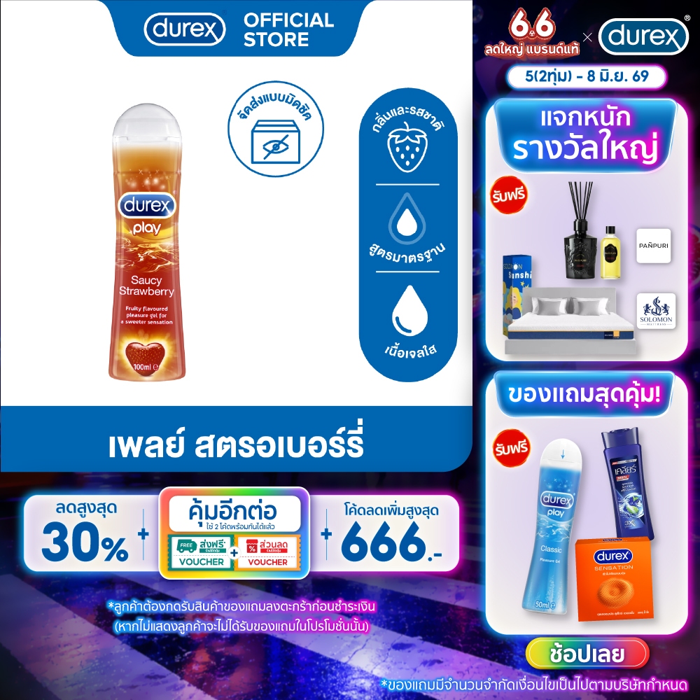 ดูเร็กซ์ เจลหล่อลื่น เพลย์ ซอสซี่ สตรอเบอร์รี่ 100 มล. 1 ขวด  Durex  Strawberry Lubricant Gel 100ml x1