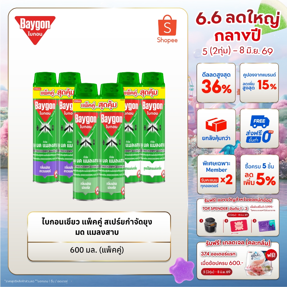 ไบกอนเขียว สเปรย์กำจัดยุง ยาฉีดยุง มด แมลงสาบ 600 มล. แพ็คคู่ (เลือกกลิ่นได้)