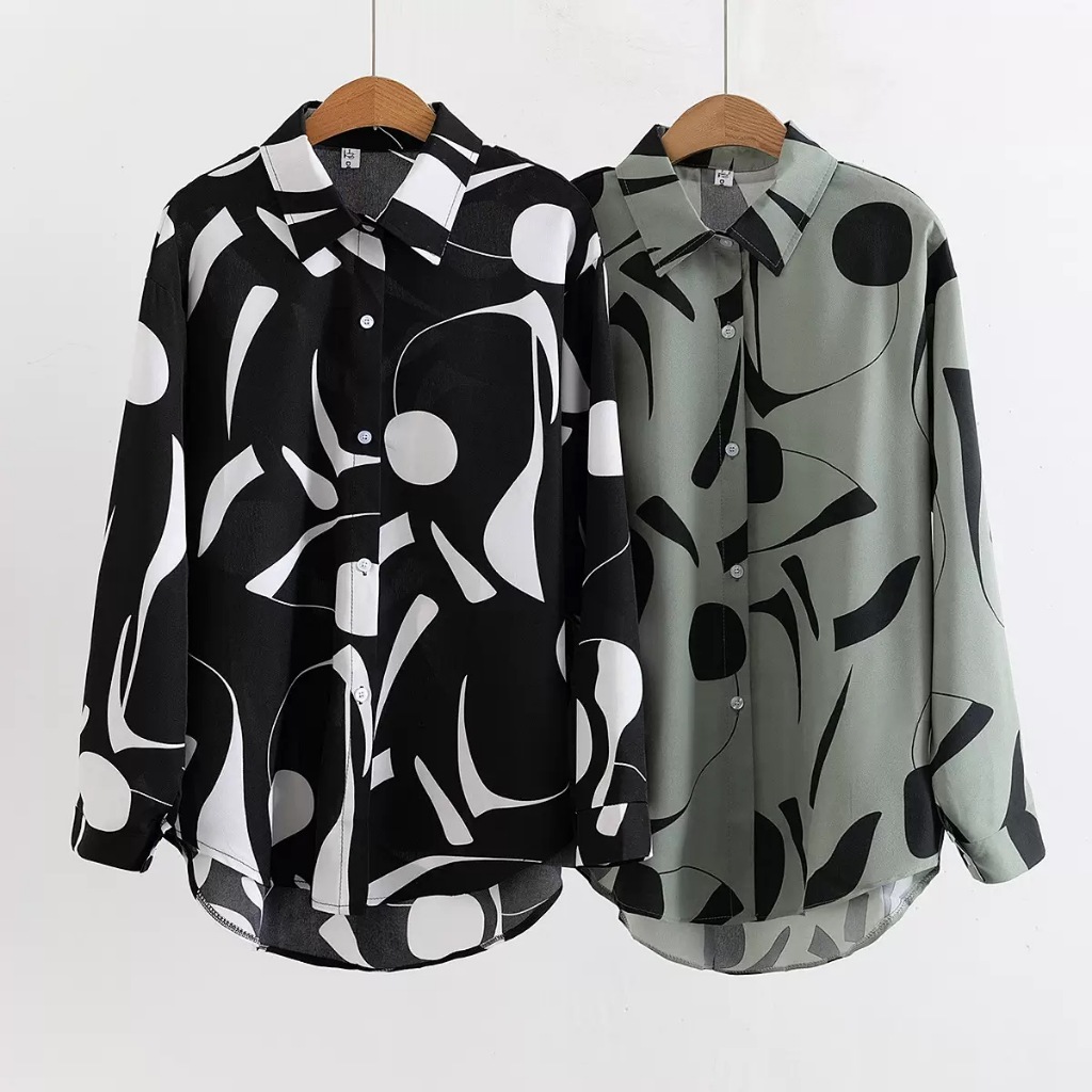 เสื้อเชิ้ตแขนยาวคอปก ผ้าไหมอิตาลี พิมพ์ลายทรงหลวมใส่สบาย  แฟชั่นเกาหลี