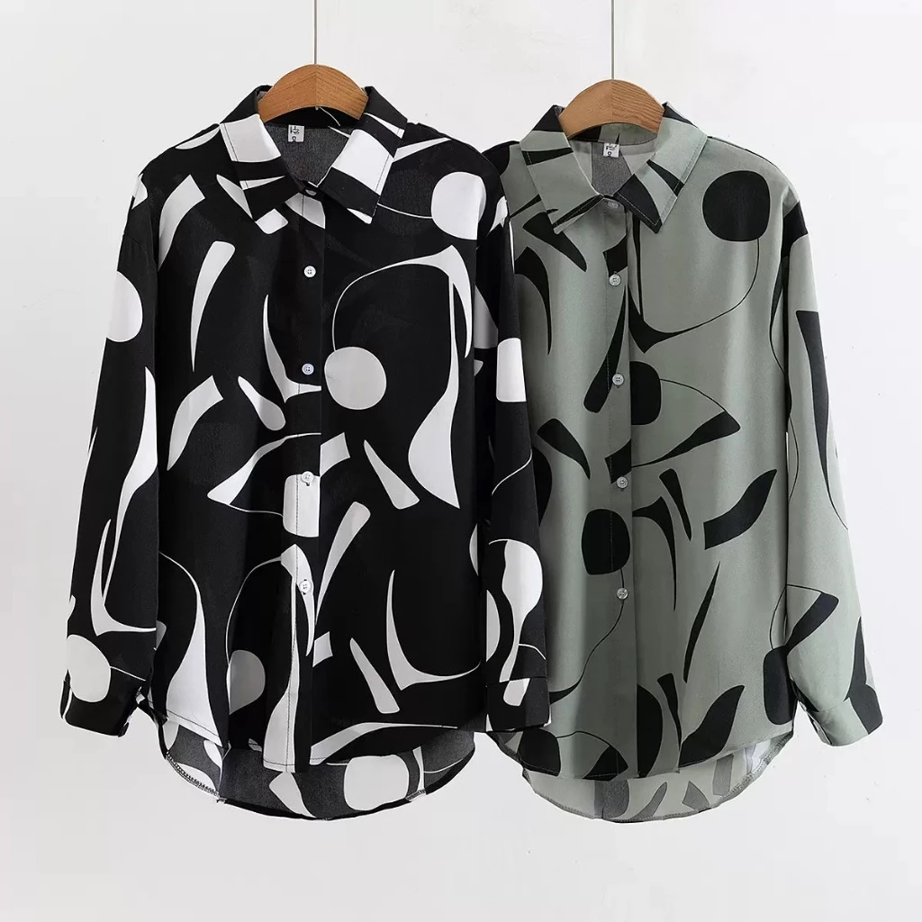 เสื้อเชิ้ตแขนยาวคอปก ผ้าไหมอิตาลี พิมพ์ลายทรงหลวมใส่สบาย แฟชั่นเกาหลี