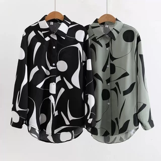 เสื้อเชิ้ตแขนยาวคอปก ผ้าไหมอิตาลี พิมพ์ลายทรงหลวมใส่สบาย แฟชั่นเกาหลี