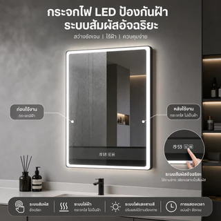 BM กระจกห้องน้ำอัจฉริยะ ติดผนัง LED กันฝ้า จอสัมผัส แสดงเวลา คุณภาพดี เหมาะแต่งห้องน้ำ โรงแรม กระจก