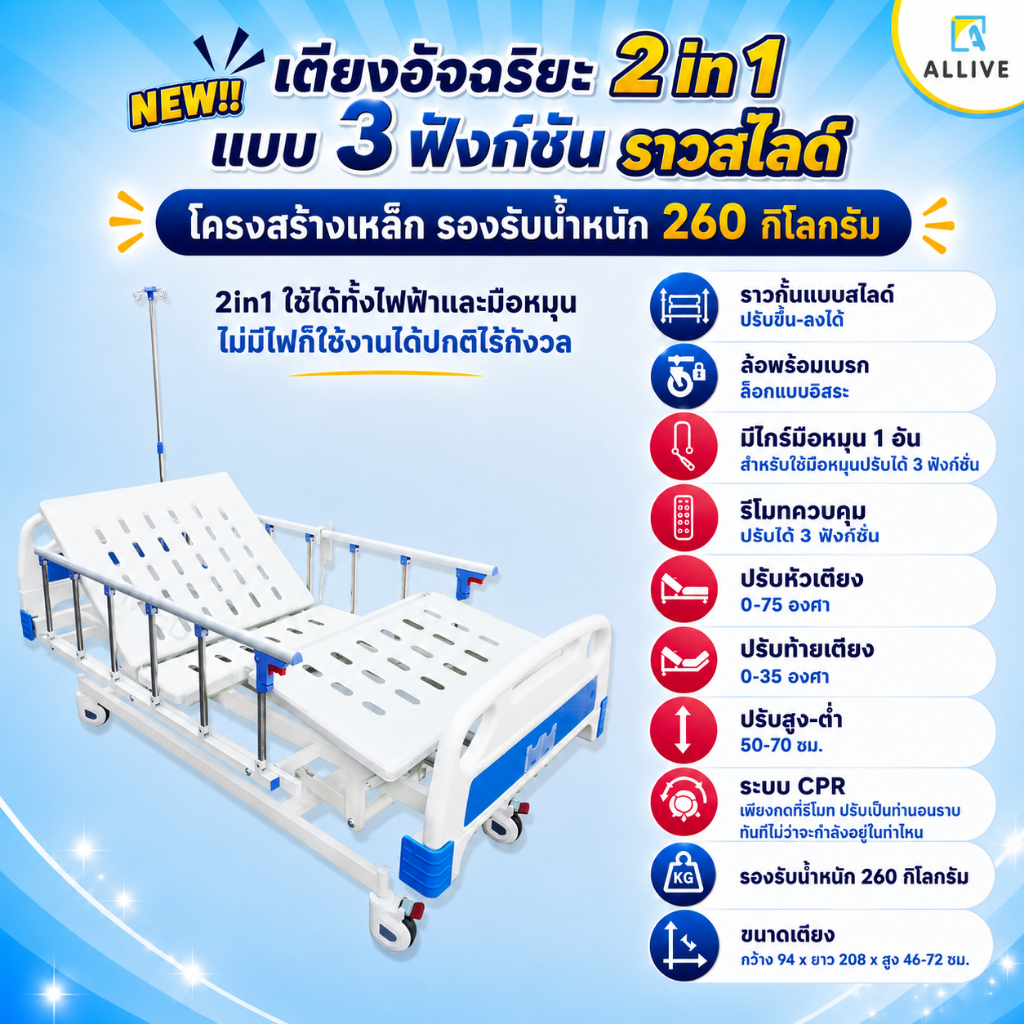 [ฟรี!! ที่นอน] เตียงผู้ป่วยอัจฉริยะ 2in1 ใช้ได้ทั้งไฟฟ้าและมือหมุน พร้อมระบบ CPR รองรับ 260 kg  เตีย