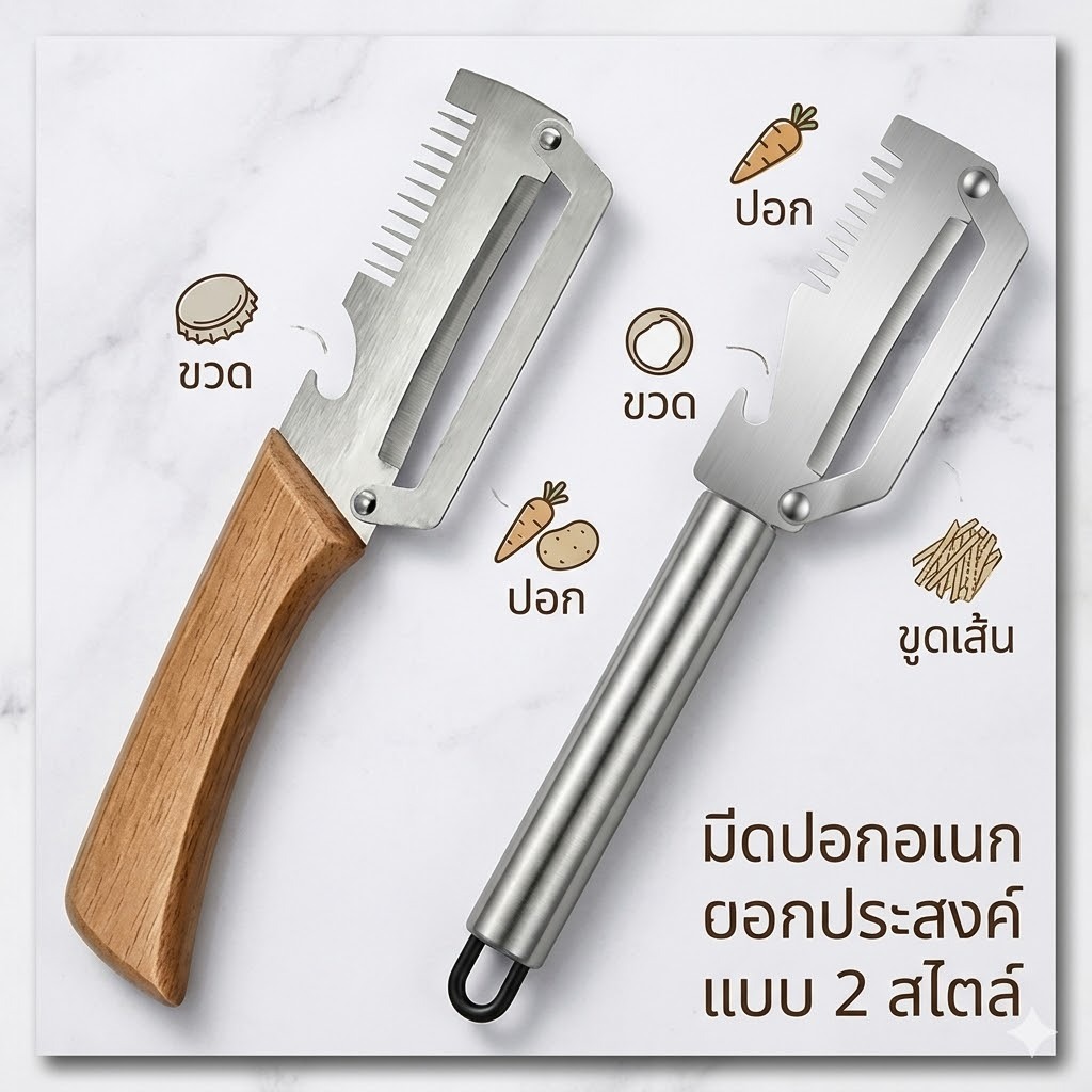 HomeDee มีดปอกเปลือก มีดสองคม มีทั้งแบบด้ามสแตนเลสและด้ามไม้ มีที่เปิดฝาขวด สะดวกต่อการใช้งาน แข็งแรงทนทาน