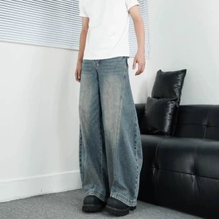 beerbroth- กางเกงยีนส์ยาวชาย ทรงกระบอกเอวสูง สีฟ้าอ่อน ขากว้าง Baggy Jeans ทรงหลวม สไตล์อเมริกันเรโทร ไซส์ใหญ่ เท่ๆ
