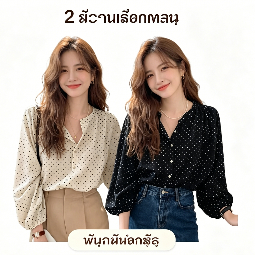 3m7 จัดส่งภายใน 24 ชั่วโมง เสื้อเชิ้ตลายจุดวินเทจ แขนพองหลวมสบาย ผ้านุ่มระบายอากาศ แขนพองซ่อนแขนได้