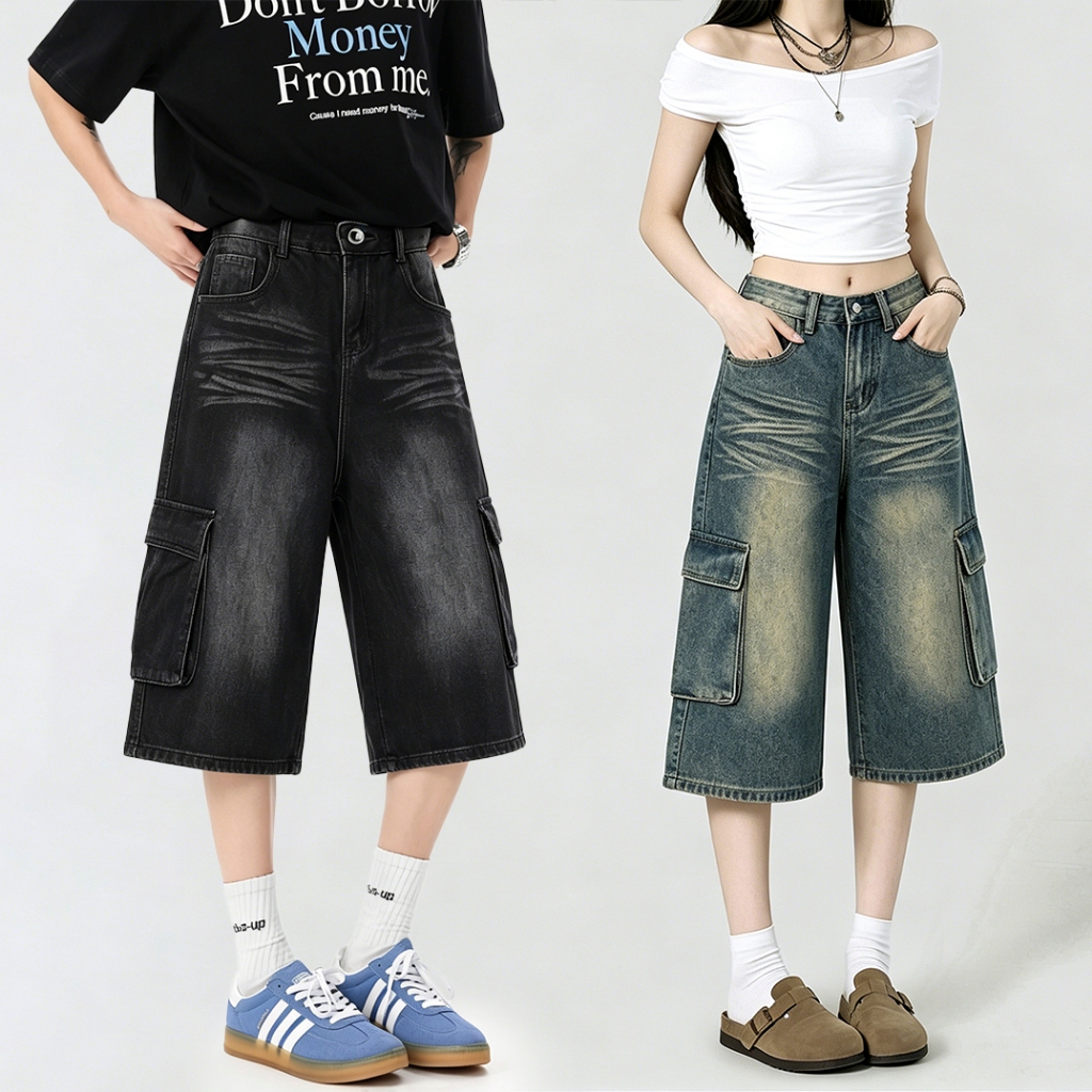 【เทรนด์ฮิต!】กางเกงยีนส์ Unisex สีดำล้างไล่ระดับ เอวปรับได้ ใส่สบาย ขาสบายๆ 7 ส่วน ไซส์ M-2XL (55-75kg)