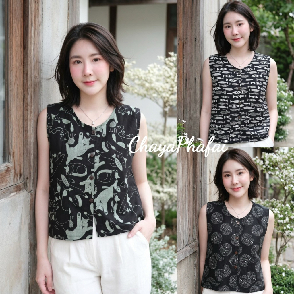 เสื้อผ้าฝ้ายคอกลมแขนดุด ผ้ากัดลายญี่ปุ่น