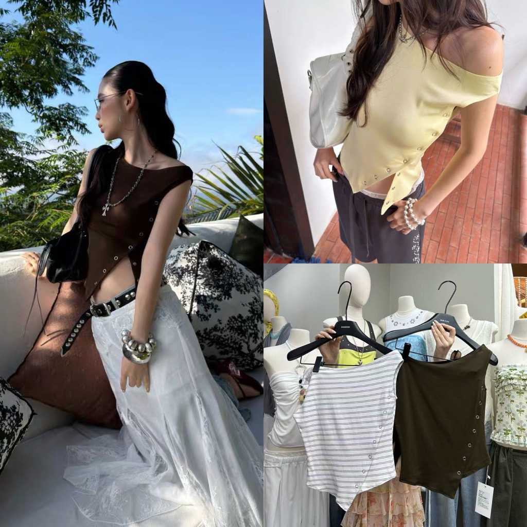ส่งด่วน 🛵 26T260 MMFISH  เสื้อเปิดไหล่ที่ให้ลุคซนๆปนเซ็กซี่ ผ้ายืดหยุ่น