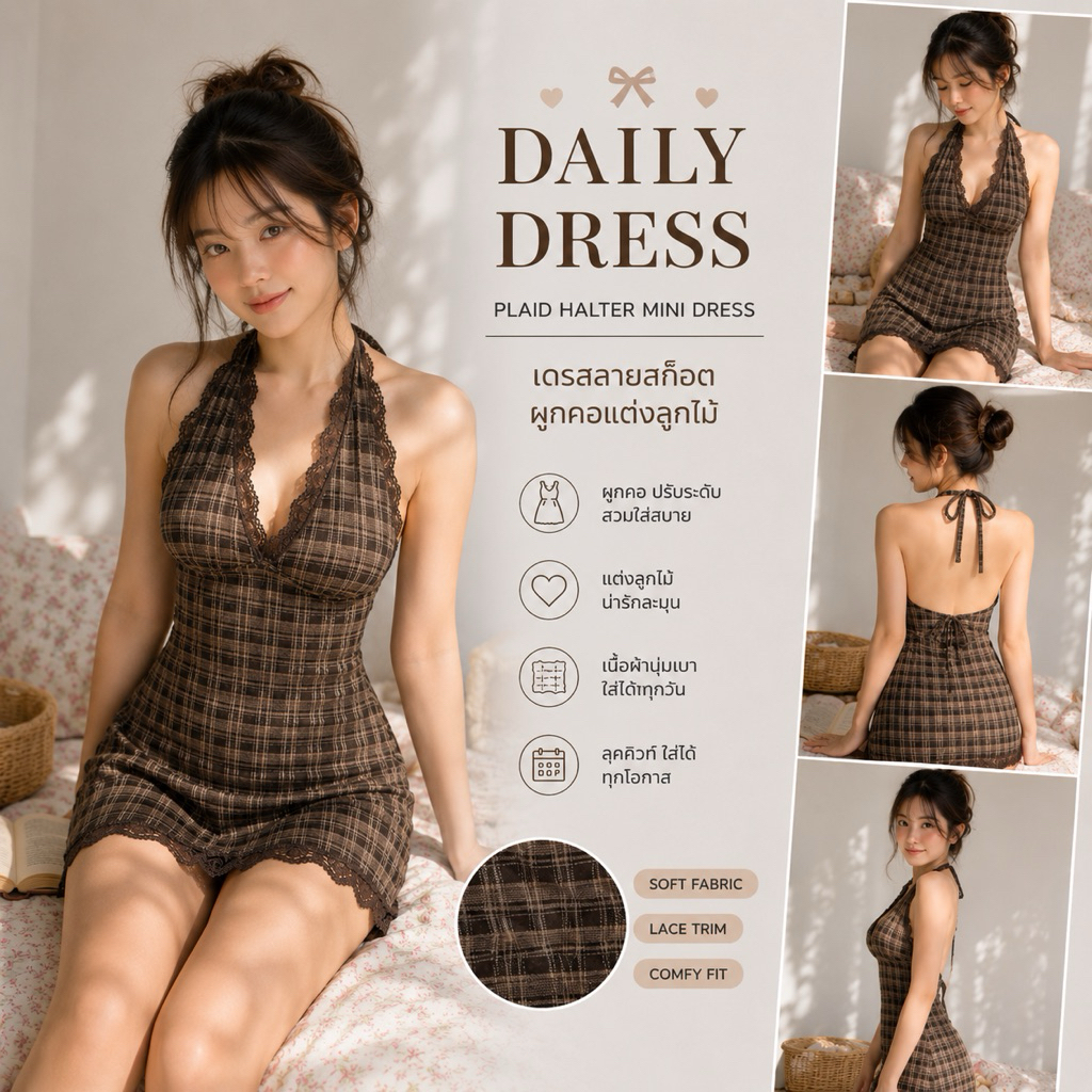 Daily Dress เดรสลายสก็อต ผูกคอแต่งลูกไม้ เดรสสายฝ เดรสสั้นผู้หญิง พร้อมส่งในไทย