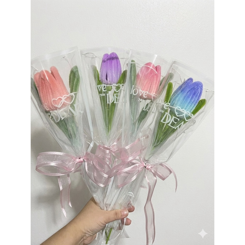 ช่อดอกทิวลิป , ทานตะวัน, กุหลาบ ลวดกำมะหยี่ 1 ดอก ห่อแบบสำเร็จ