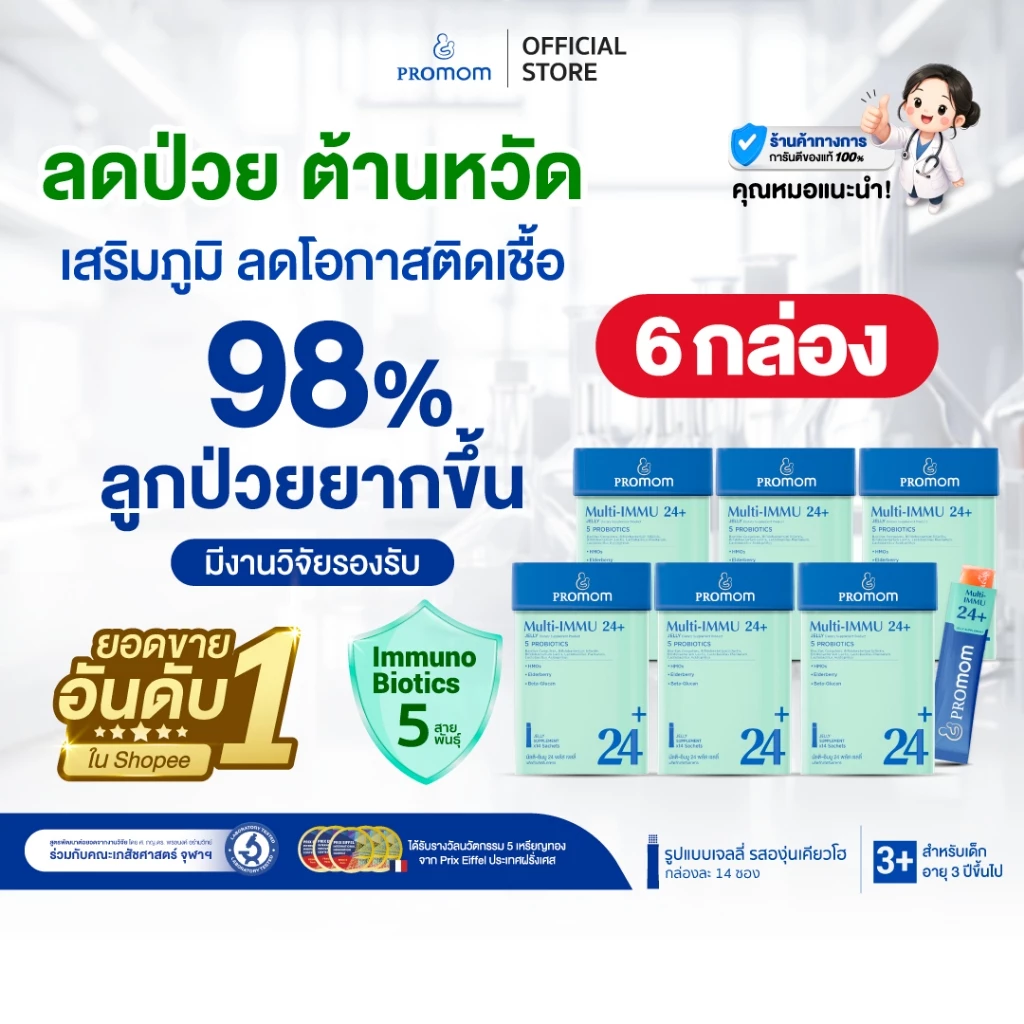 Promom Multi-IMMU 24+ เสริมภูมิคุ้มกัน ลดภูมิแพ้ (รูปแบบเจลลี่ รสองุ่นเคียวโฮ)