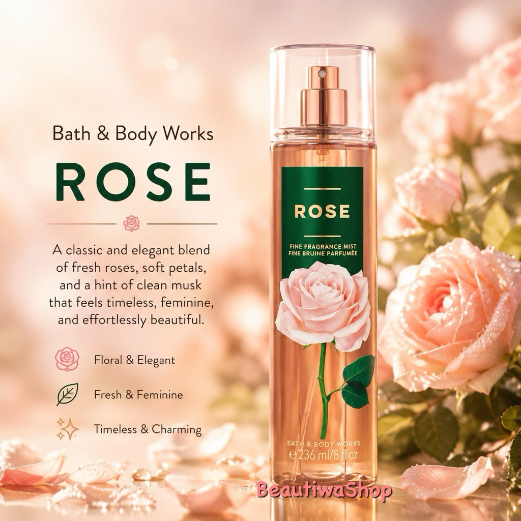 Bath & Body Works ROSE Fine Fragrance Mist 8 fl oz / 236 ml. น้ำดอกกุหลาบที่อ่อนโยนผสมกับกลีบดอกมะลิหอมอ่อนโยน