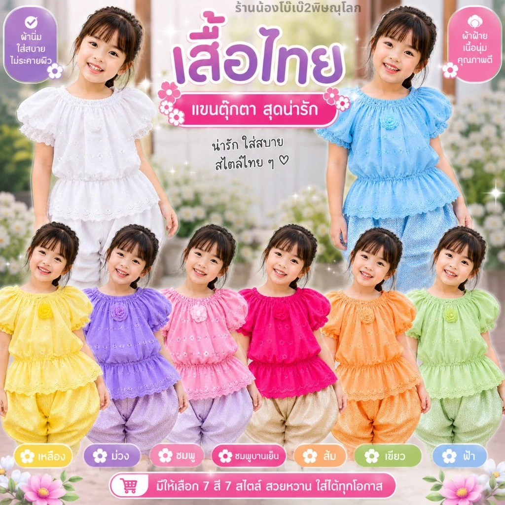 เสื้อแขนตุ๊กตาเด็กหญิง เอวสม็อคยืดได้เยอะ สีสันสดใส ผ้าฉลุระบายอากาศดี ไซส์ S-3XL ดีไซน์น่ารักแบบไทย ใส่สบาย