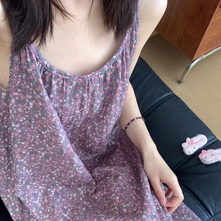 Women's Vintage Ditsy Floral Sleeveless Nightdress, Crinkle Fabric Loose Summer Loungewear casual outdoor nightdress
