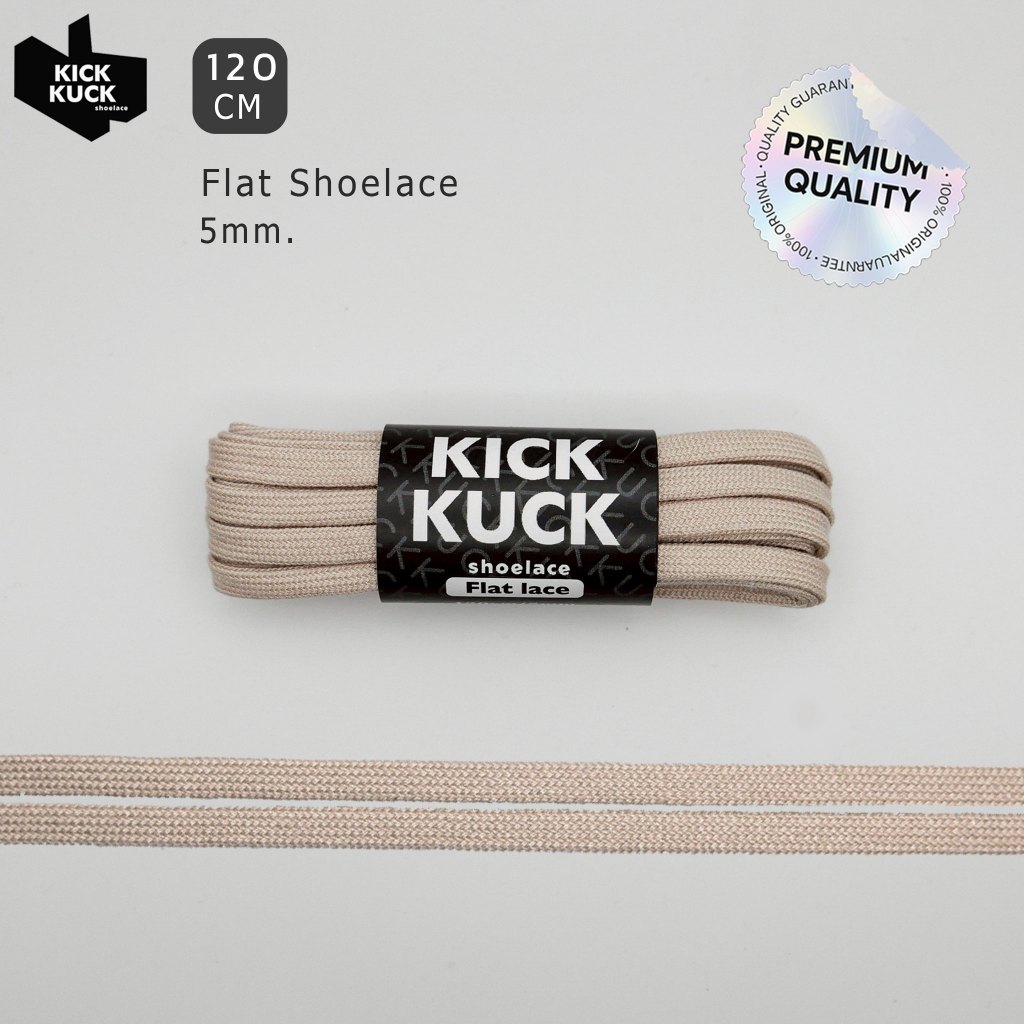 (แน่น2ชั้น เล็กเฉียบ 5mm.) เชือกรองเท้าสีเบจ (KICKKUCK) สำหรับรองเท้าวิ่งและกีฬา ทรงแบน FLAT LACE ยาว 120cm.มาตรฐาน