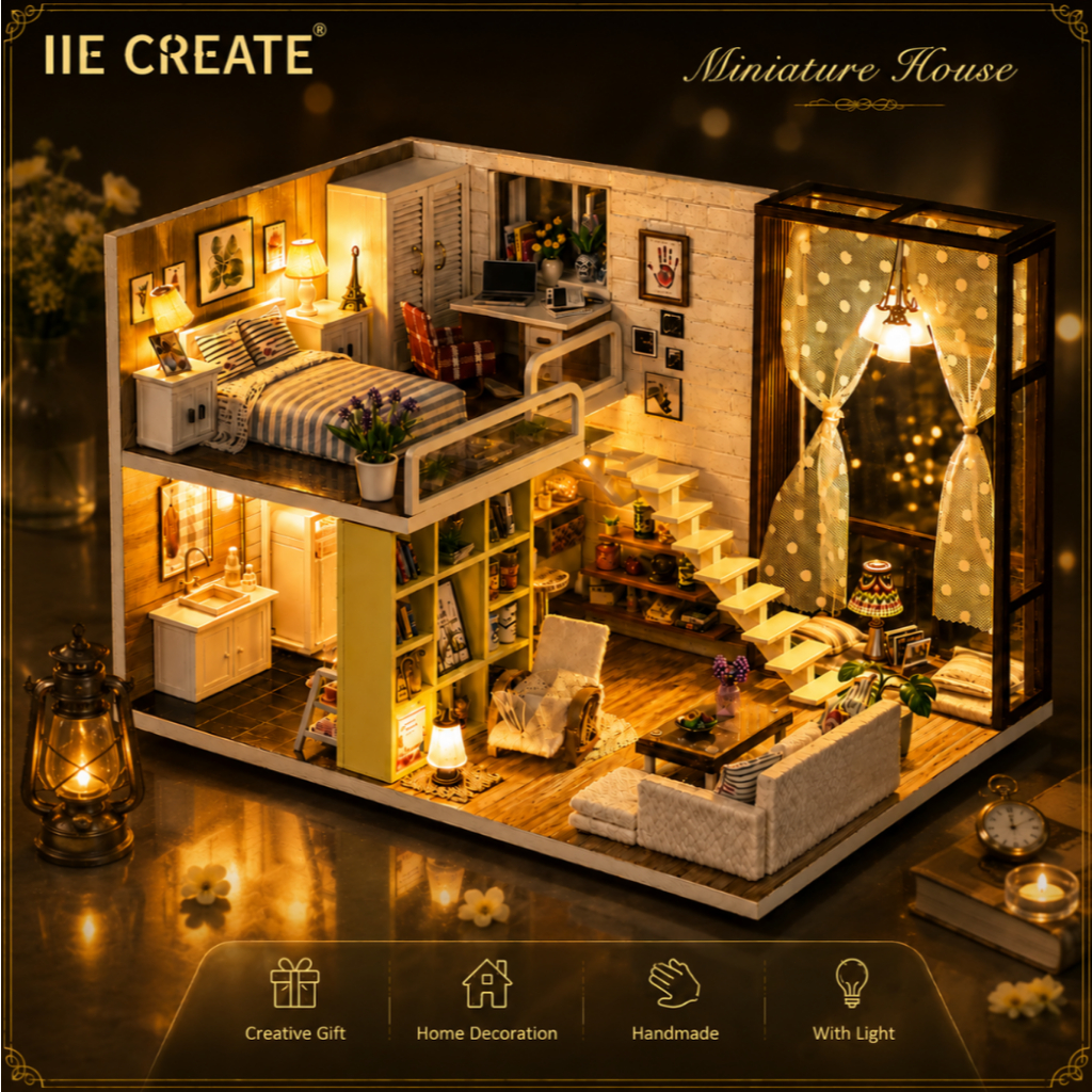 IIE CREATE K-028 บ้านจิ๋ว DIY วิลล่าชั้นลอย  มีไฟ LED โมเดลประกอบเอง ตกแต่งบ้าน ของขวัญวันเกิด งานแฮนด์เมด