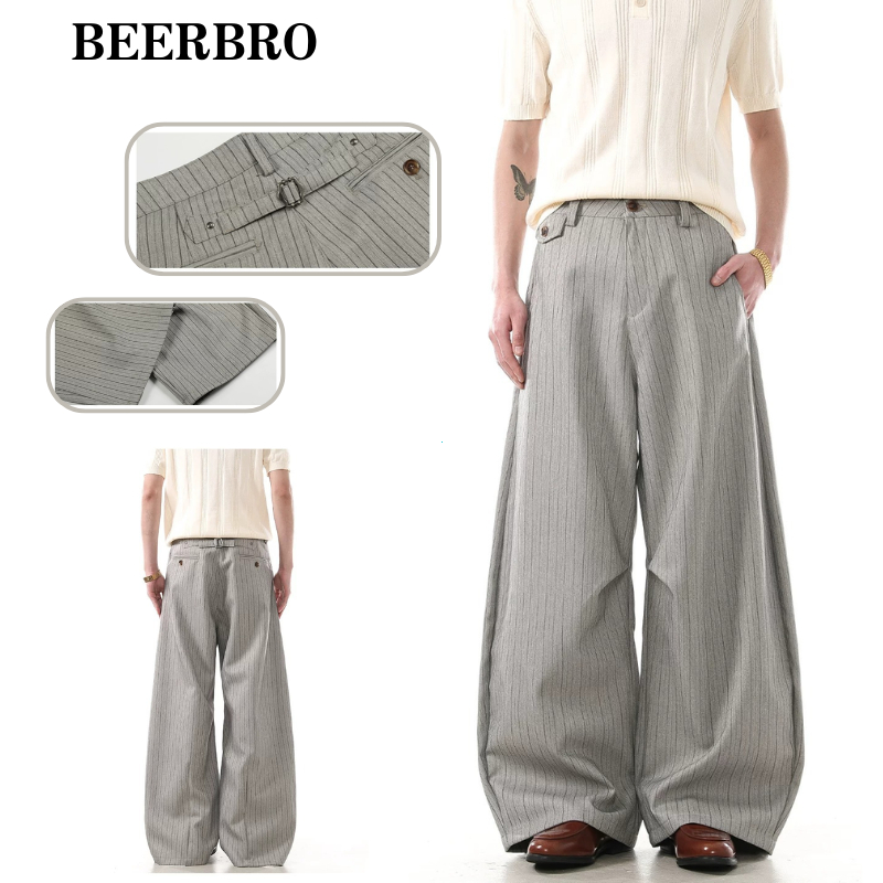 beerbroth-กางเกงขายาวผู้ชาย  ทรงลายทางตั้งขากว้าง เอวสูง กว้างขา วินเทจ สไตล์ออฟฟิศ แฟชั่นสตรีท ผ้าคล่องตัว ไซส์M-3XL