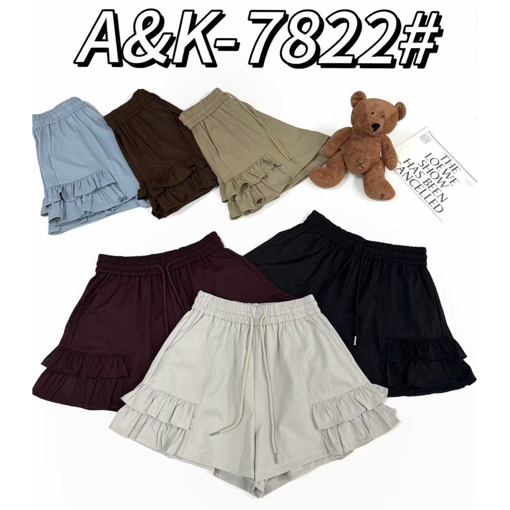รหัส7822กางเกงขาสั้นแต่งระบายปลายขาผ้าคอตตอนทวิลฟรีไซส์เอวสูงงานป้ายA&K