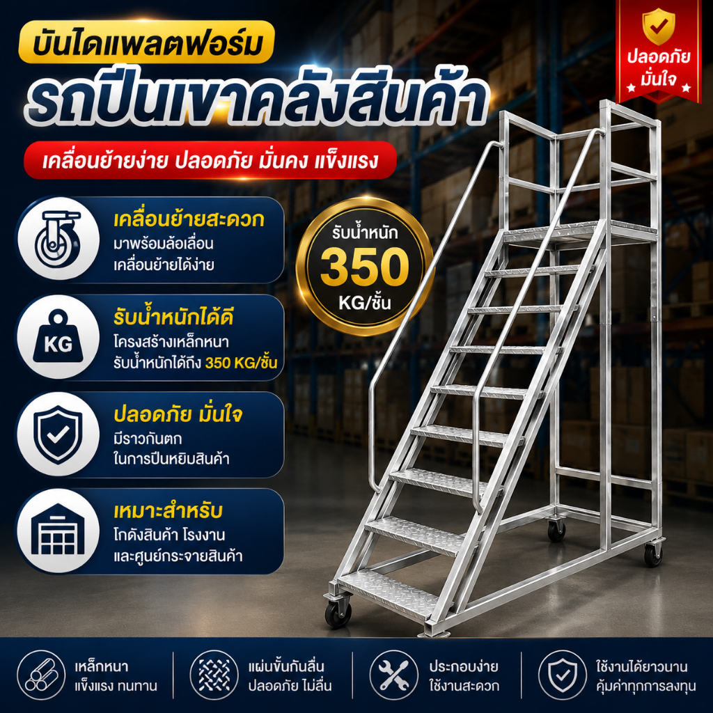 บันไดแพลตฟอร์มเคลื่อนที่ มีล้อเลื่อน เหล็กหนาพิเศษ พร้อมราวนิรภัย บันไดคลังสินค้าและโกดัง รับน้ำหนักได้ดี ใช้งานระดับอ