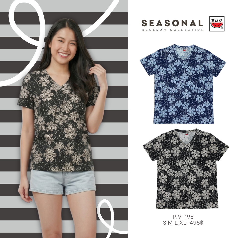 เสื้อแตงโม (SUIKA) เสื้อยืดคอวีแขนสั้น พิมพ์ลายน้องแมว (P.V-182 195 213 345 )