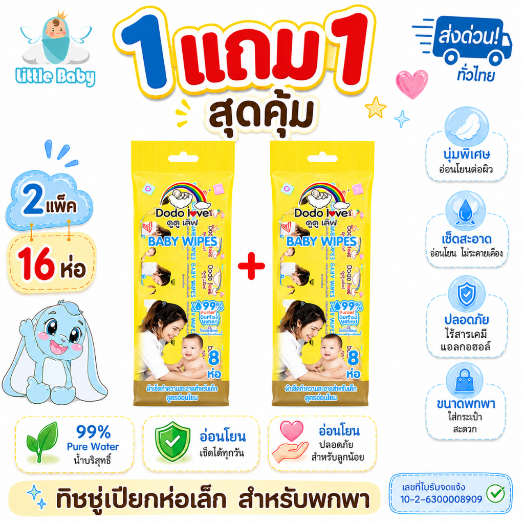 [ส่งด่วน 2แพ็ค 16 ห่อ] DoDolove ทิชชู่เปียกเด็ก 1แถม1 ขนาดพกพา สูตรอ่อนโยน 0% แอลกอฮอล์ ผ้าเช็ดทำความสะอาดผิว หนา นุ่ม