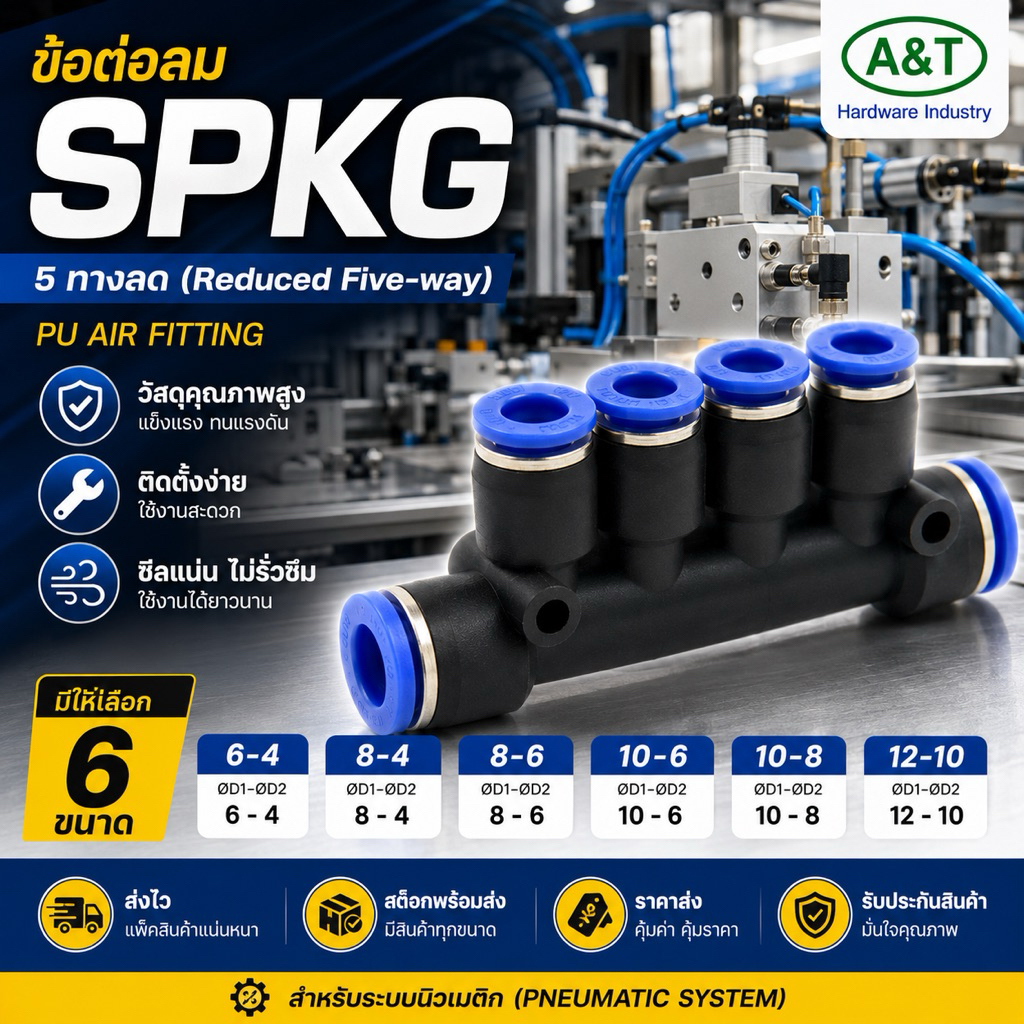 SPKG ข้อต่อลม 5 ทางลด ข้อต่อสายลม PU อุปกรณ์นิวเมติกส์ ข้อต่อพ่นหมอก เสียบสายลม (ขนาด 6-12 mm)