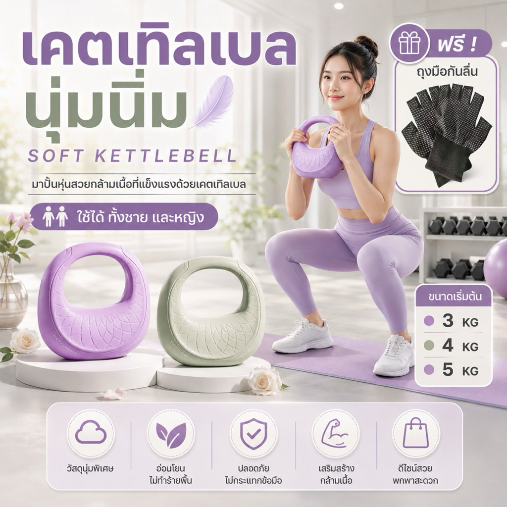 New Soft Kettlebell รุ่น Bag น้ำหนัก 3 4 5 KG พีวีซีก้นนิ่ม สำหรับผู้หญิงและผู้ชาย พร้อมถุงมือฟรี(พร้อมส่งจากไทย)