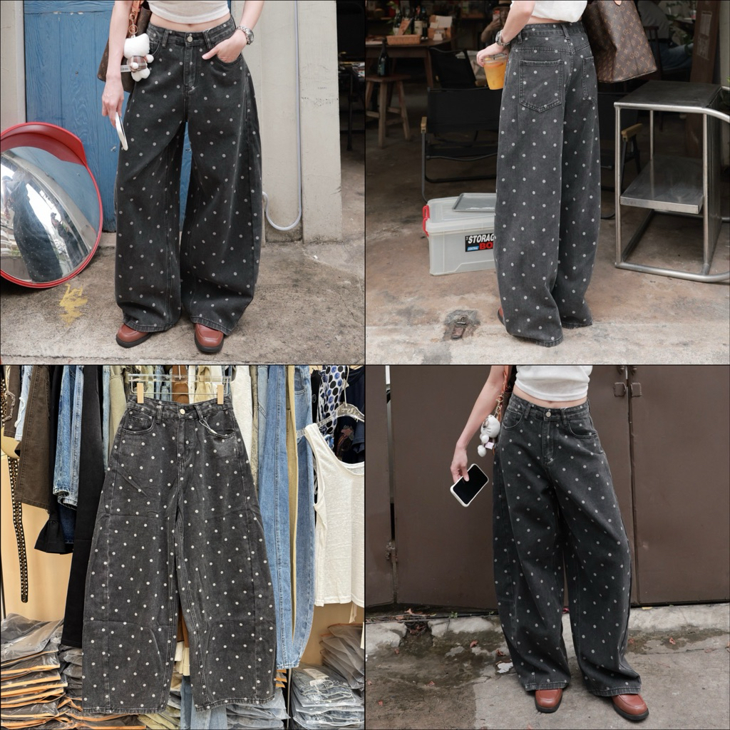POLKA DOTS BAGGY JEANS กางเกงยีนส์ฟอกสีดำ เอวสูง ลายจุด