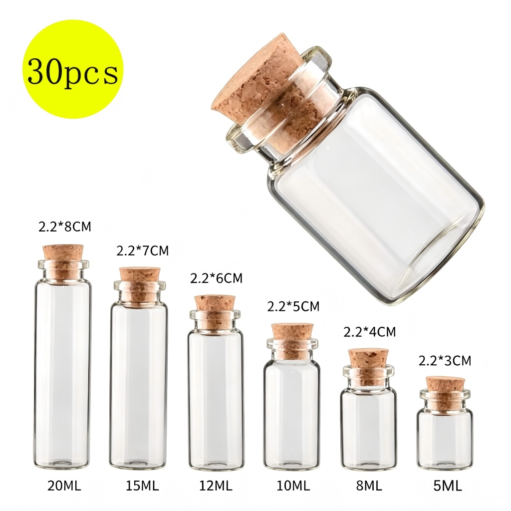 30 ชิ้น ขวดแก้วใส อวยพร ดริฟท์ / ขวดเครื่องเทศเปล่า ขนาดเล็ก พร้อมจุกไม้คอร์ก / ขวดโปรดปรานงานแต่งงาน คริสต์มาส