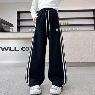 Girls' sweatpants 120-170cm สีดำ สีเทา กางเกงวอร์มขายาวทรงตรง เอวสูง ทรงหลวม สำหรับเด็ก กางเกงแฟชั่นใหม่ปี 2026 HOT