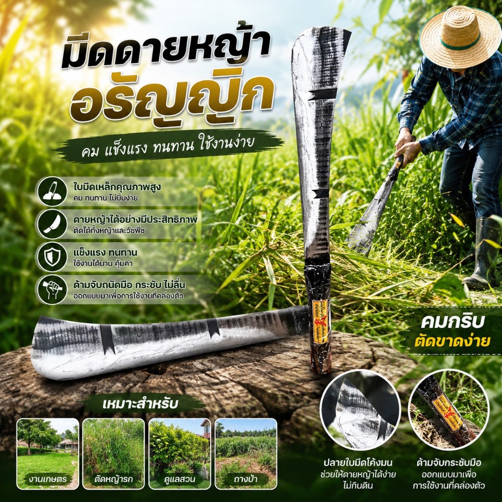 มีดดายหญ้า อรัญญิก (เหล็กแหนบ) คมกริบ แข็งแรง ทนทาน สินค้าคุณภาพอย่างดี