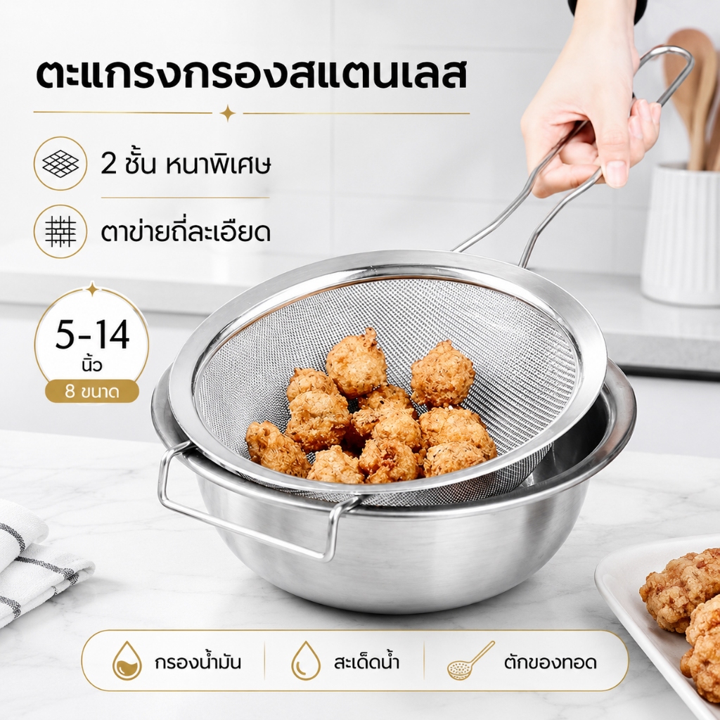 กระชอนด้ามยาวสแตนเลส ตาข่าย 2 ชั้น ตาถี่พิเศษ กรองละเอียด ใช้ลวกเส้น กรองน้ำมัน ร่อนแป้ง ล้างผักผลไม้ มี 8 ขนาด