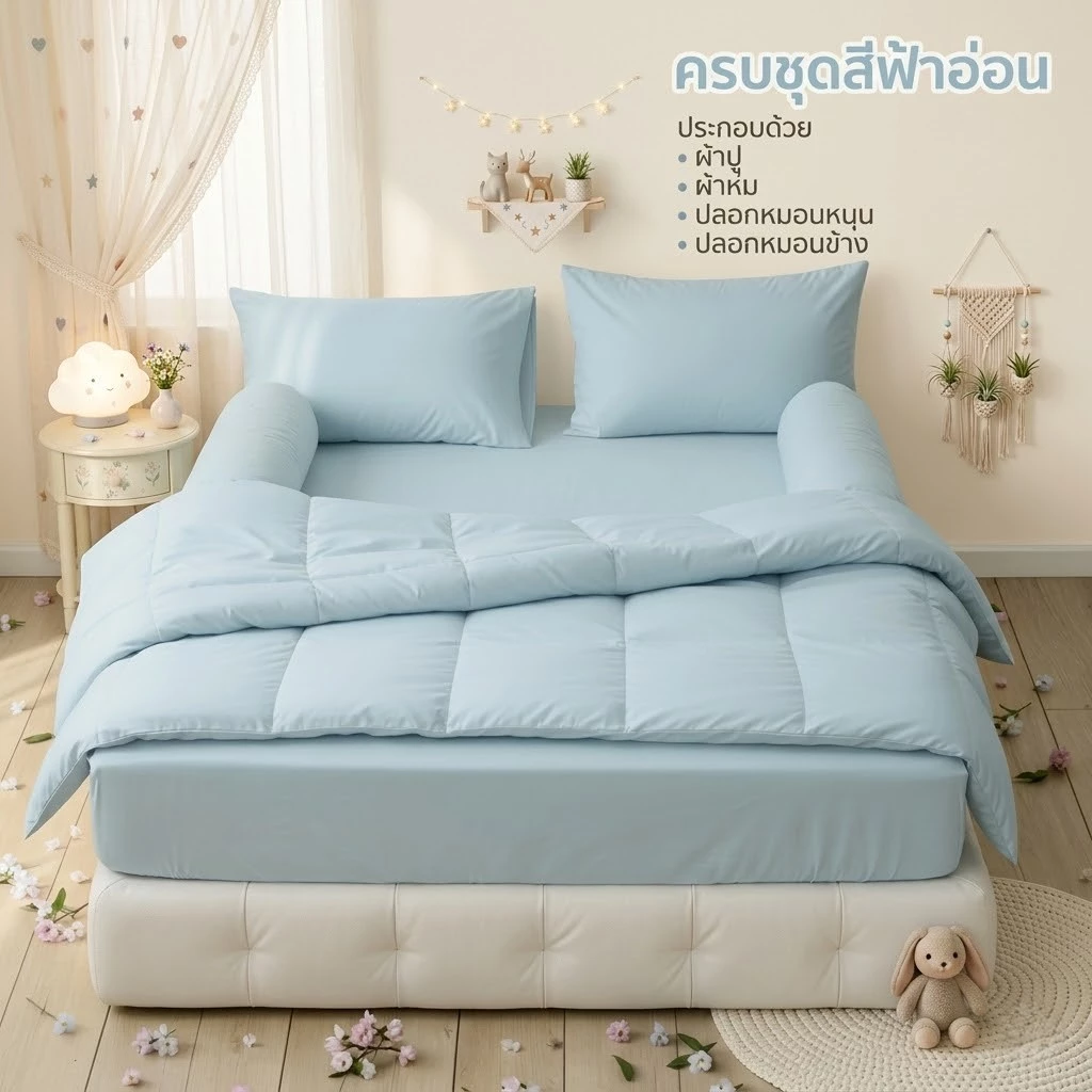 ชุดผ้าปู ครบชุด6ชิ้น พร้อมผ้าห่มนวม สีพื้น ขนาด 3.5ฟุต 5ฟุต 6ฟุต พร้อมส่ง ส่งฟรี thumbnail 5