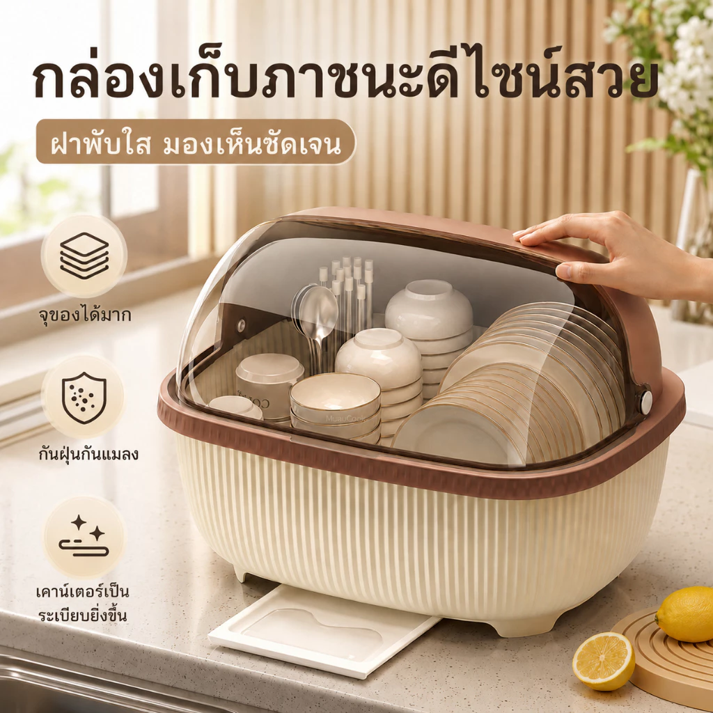 พร้อมส่ง ที่คว่ำจานมีฝาปิด กล่องเก็บจานชาม กันฝุ่นแมลง ระบายน้ำง่าย มีท่อระบายน้ำ 3 สี 3 ขนาด จัดครัว
