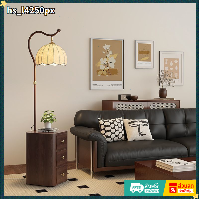 รุ่นใหม่ โคมพื้น floor lamp สีหลอดไฟ นํา ด้วยชั้นวาง สำหรับห้องนั่งเล่นห้องนอนสำนักงาน(ไม้เนื้อแข็ง + หนัง)