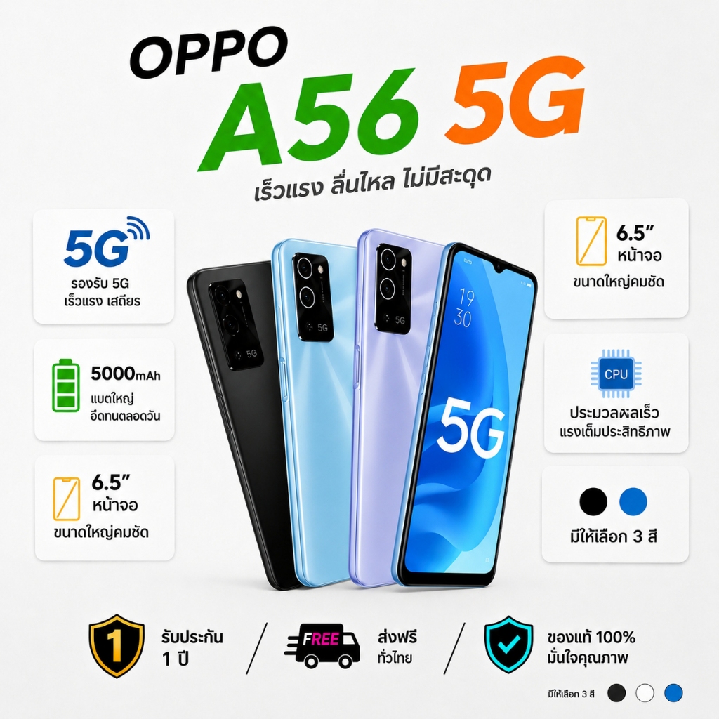 สมาร์ทโฟน OPPO A56(RAM 8GB ROM 256GB)หน้าจอขนาด6.5นิ้วรับประกันสินค้า1ปีแถมอุปกรณ์เสริมฟรีไ