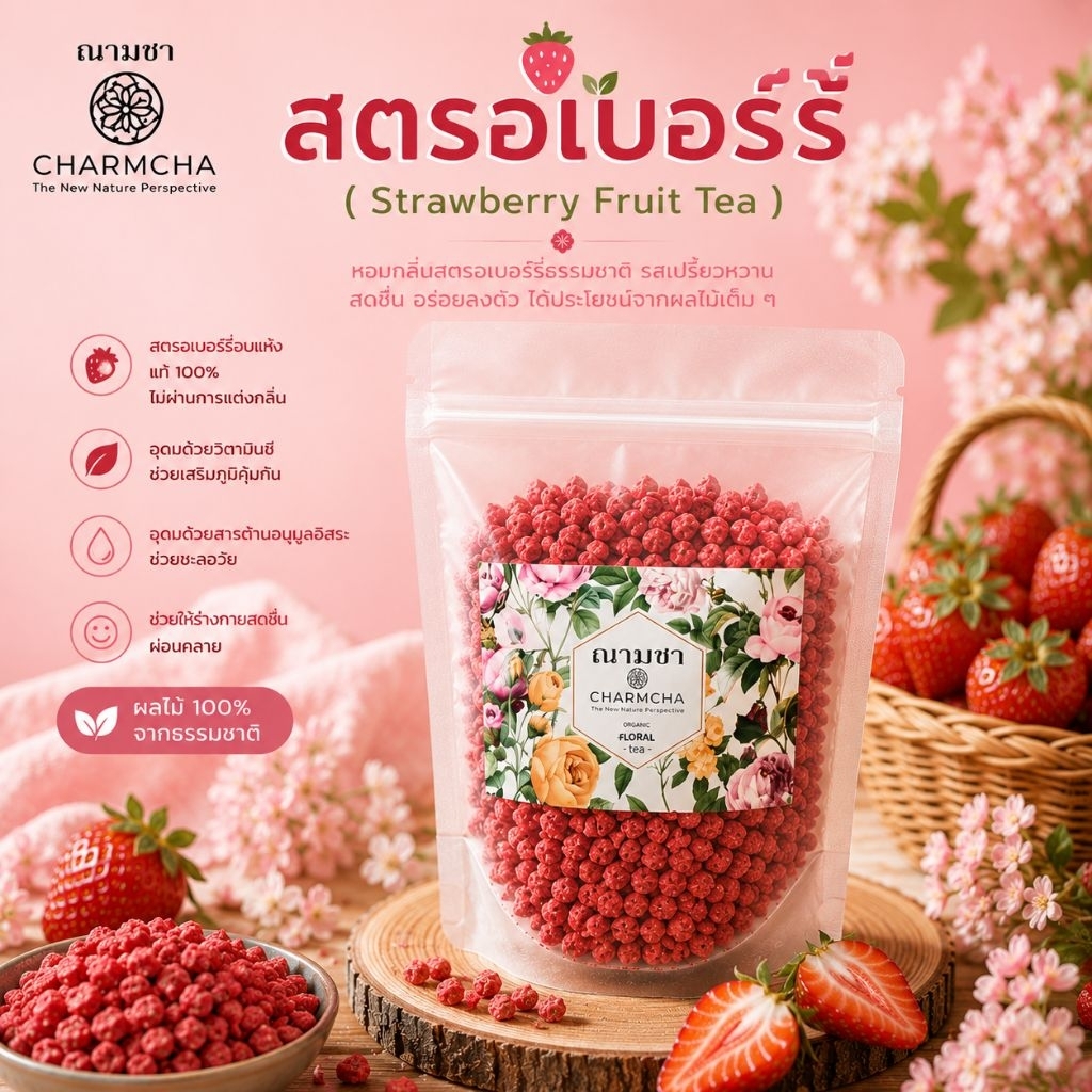สตรอเบอร์รี่ (Strawberry Fruit Tea)ฟรีซดาย สำหรับผสมใบชา ชงร่วมกับชาดอกไม้หรือผลไม้ ได้เลย ชาผลไม้ Charmcha ฌามชา สตอเบอ