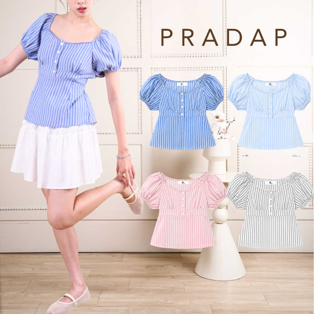Pradap_brand:Bella Stripe Top | เสื้อครอปลายทาง แขนตุ๊กตา