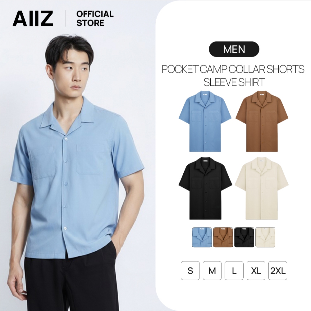 AIIZ (เอ ทู แซด) - AIIZ เสื้อเชิ้ตผู้ชายแขนสั้นปกฮาวาย มีกระเป๋า AIIZ Men's Pocket Camp Collar Short