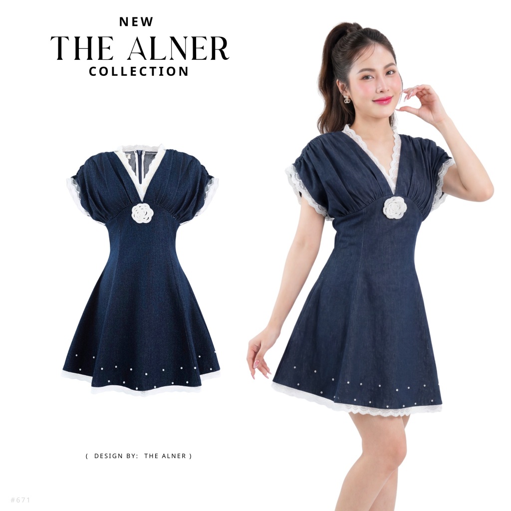 Thealner-AN671 (เดรสยีนส์แขนล้ำแต่งดอกอก)