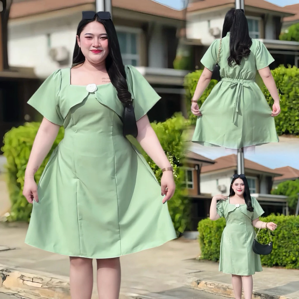 S222เดรสคอเหลี่ยมแต่งกุหลาบ ด้านหลังดึงยางสม็อกมีโบว์ผูกเอว 3ไซส์ L XL 2XL รอบอก40-60 ชุดสาวอวบใส่ออกงาน