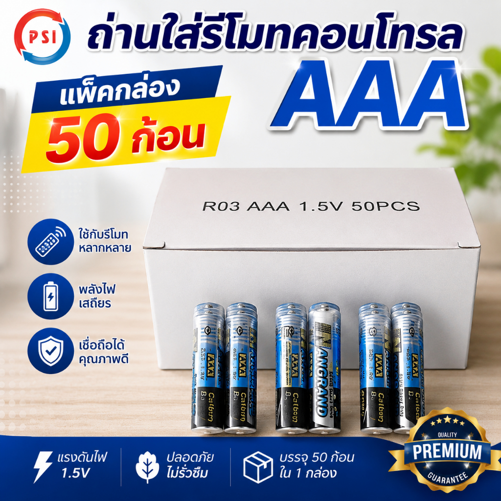 ถ่านใส่รีโมทคอนโทรล AAA แพ็คกล่อง 50 ก้อน