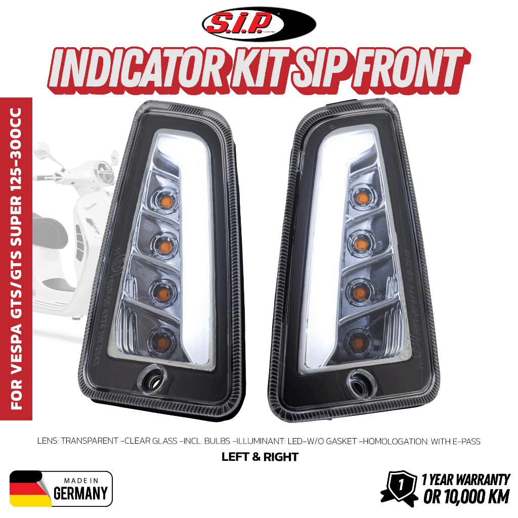 ชุดไฟเลี้ยวหน้า SIP ซ้าย-ขวา สำหรับ Vespa GTS/​GTS Super/​GTV 125-300cc [MV00475S]